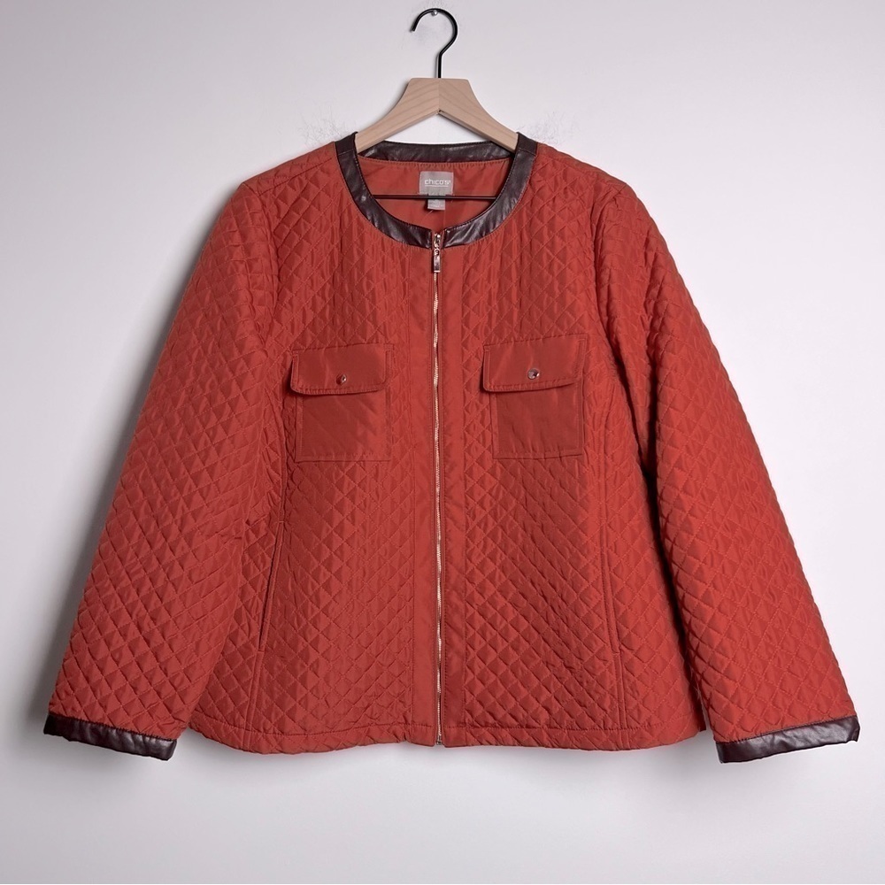 Chico’s Commuter Quilted Jacket Faux Leather Trim Fall Orange